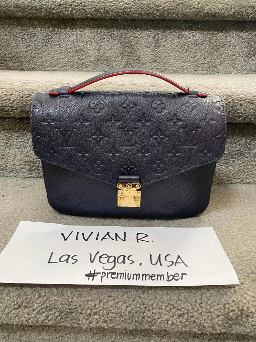 Louis Vuitton Navy Monogram Empreinte Satchel with Red-Trim Handle